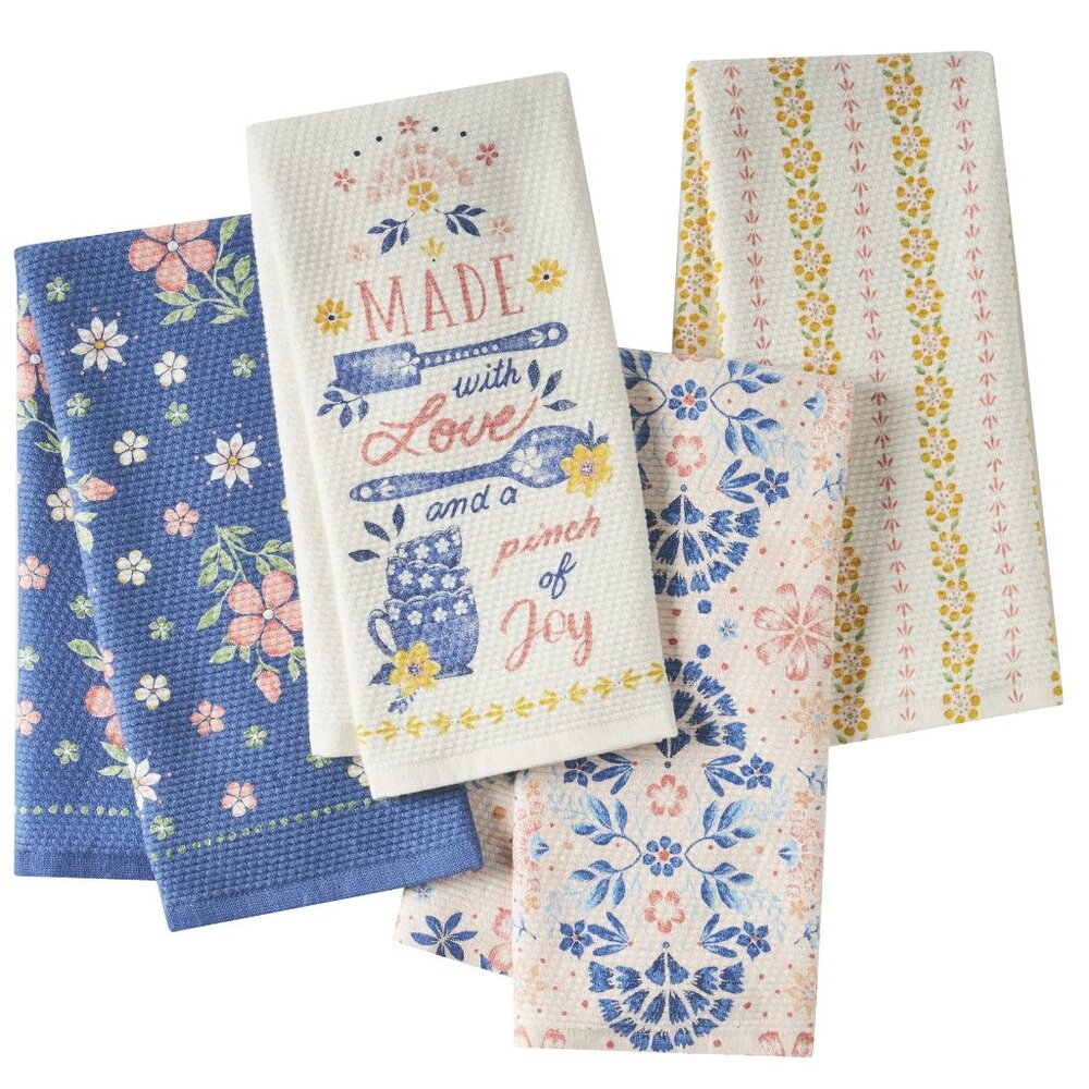 Pioneer Woman Hattie Woven Kitchen Towels 4pc Set Blue Pink 18"x28" New